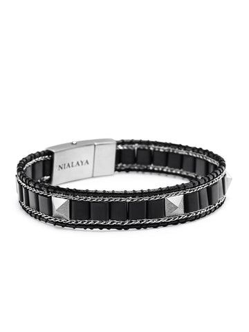 Nialaya Men's Beaded Bracelet Black Onyx Stud Bracelet with Silver Lock Black Onyx Stud Bracelet with Silver Lock